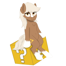 Size: 1500x1500 | Tagged: safe, artist:darnelg, species:earth pony, species:pony, 2020 community collab, derpibooru community collaboration, ? block, belly button, blaze (coat marking), epona, female, looking at you, question mark, simple background, sitting, socks (coat marking), solo, super mario bros., the legend of zelda, transparent background