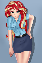 Size: 1417x2126 | Tagged: safe, artist:anonix123, character:sunset shimmer, species:human, my little pony:equestria girls, adorasexy, beautiful, belt, clothing, cute, humanized, legs, looking at you, miniskirt, police, police officer, police uniform, sexy, skirt