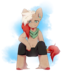 Size: 1890x2154 | Tagged: safe, artist:pomrawr, oc, oc only, species:anthro, species:earth pony, species:pony, species:unguligrade anthro, abstract background, clothing, colored hooves, ear piercing, earring, earth pony oc, eye clipping through hair, hoof fluff, jewelry, nail polish, pants, partial nudity, piercing, scarf, sitting, solo, topless