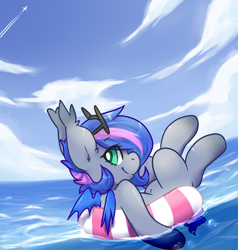 Size: 2002x2101 | Tagged: safe, artist:pomrawr, oc, oc only, species:bat pony, species:pony, bat pony oc, cloud, floaty, looking at you, on back, solo, sunglasses, water