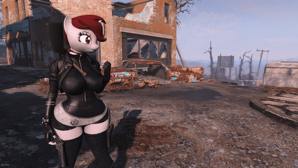 Size: 600x339 | Tagged: safe, artist:defector, oc, oc:roses band-aid, species:anthro, species:pony, species:unicorn, 3d, animated, anthro oc, breasts, clothing, fallout, fallout 4, female, game screencap, gif, milf, pipboy, skintight clothes, socks, solo, thigh highs, video game, weapon, wide hips