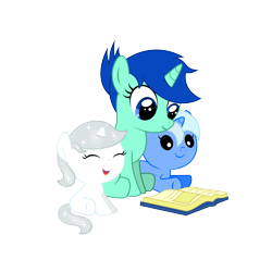 Size: 4000x4000 | Tagged: safe, artist:northernthestar, oc, oc only, oc:glimmering hope, oc:mint berry, oc:valiant heart, species:pony, species:unicorn, absurd resolution, baby, baby pony, book, female, filly, simple background, transparent background