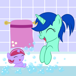 Size: 6500x6500 | Tagged: safe, artist:northernthestar, oc, oc only, oc:lilac petal, oc:mint berry, species:pony, species:unicorn, absurd resolution, adorable face, baby, baby pony, bathtub, cute, female, mare, ocbetes