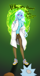 Size: 1000x1897 | Tagged: safe, artist:starwantrix, character:trixie, species:human, my little pony:equestria girls, clothing, crossover, lab coat, parody, portal, rick and morty, szechuan sauce, wingding eyes