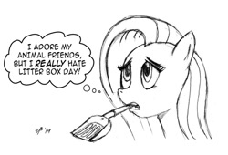 Size: 800x544 | Tagged: safe, artist:cartoon-eric, character:fluttershy, species:pony, grayscale, implied poop, litterbox, monochrome, simple background, thought bubble, white background