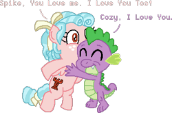 Size: 393x259 | Tagged: safe, artist:drypony198, character:cozy glow, character:spike, species:dragon, species:pegasus, species:pony, a better ending for cozy, adorable face, cozybetes, cozylove, cozyspike, cute, dawwww, eyes closed, female, filly, funny, hug, male, shipping, spikabetes, straight