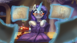 Size: 1920x1080 | Tagged: safe, artist:enderselyatdark, character:rarity, species:pony, species:unicorn, clothing, cute, female, glasses, magic, mare, sewing, sewing machine, smiling