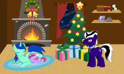 Size: 10000x6000 | Tagged: safe, artist:northernthestar, oc, oc only, oc:lilac petal, oc:mint berry, oc:white delusion, species:pony, species:unicorn, absurd resolution, christmas, christmas tree, christmas wreath, female, filly, fireplace, holiday, male, mare, present, prone, snow globe, stallion, tree, wreath