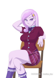 Size: 848x1200 | Tagged: safe, artist:brother-tico, character:fleur-de-lis, my little pony:equestria girls, arm behind head, bedroom eyes, breasts, busty fleur-de-lis, chair, clothing, crossed legs, crystal prep academy uniform, female, legs, looking at you, miniskirt, miss fleur is trying to seduce us, plaid skirt, pleated skirt, school uniform, sexy, simple background, sitting, skirt, socks, solo, stupid sexy fleur-de-lis, thighs, uniform, white background