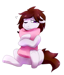 Size: 1672x1945 | Tagged: safe, artist:pomrawr, oc, oc only, species:earth pony, species:pony, earth pony oc, frown, hug, one eye closed, pillow, pillow hug, simple background, sitting, solo, tired, underhoof, white background, wink