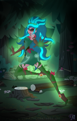Size: 1536x2435 | Tagged: safe, artist:doraair, my little pony:equestria girls, axe, clothing, female, forest, gaea everfree, glowing hands, solo, tree stump, weapon