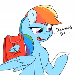 Size: 1889x1889 | Tagged: safe, artist:jubyskylines, character:rainbow dash, species:pegasus, species:pony, bag, delivery, delivery pony, dialogue, doordash, female, mare, note, reading, simple background, solo, text, white background