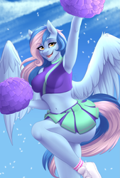 Size: 1769x2616 | Tagged: safe, artist:fairdahlia, oc, oc only, oc:chrysocolla dawn, species:anthro, species:pegasus, species:plantigrade anthro, species:pony, anthro oc, armpits, belly button, cheerleader, clothing, female, legs, looking at you, mare, midriff, miniskirt, pleated skirt, pom pom, shoes, skirt, socks, solo, sports bra, ych result