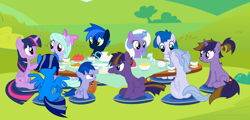Size: 11500x5500 | Tagged: safe, artist:northernthestar, character:flitter, character:twilight sparkle, character:twilight sparkle (alicorn), oc, oc:adryna, oc:falling star, oc:hope, oc:meteor, oc:northern star, oc:nova, oc:quartz star, oc:turbo, parent:flitter, parents:canon x oc, species:alicorn, species:pony, absurd resolution, colt, female, filly, male, mare, offspring, parent:oc:northern star, pointy ponies, stallion, table