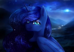 Size: 4093x2894 | Tagged: safe, artist:chickenbrony, character:princess luna, species:alicorn, species:pony, bust, female, horn, looking at you, mare, night, portrait, solo, wings