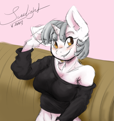 Size: 1023x1082 | Tagged: safe, artist:maximus, oc, oc:sunlight/sunny, species:anthro, species:pony, species:unicorn, belly button, clothing, female, midriff, off shoulder, off shoulder sweater, short shirt, solo, sweater