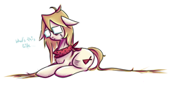 Size: 4960x2470 | Tagged: safe, artist:coco-drillo, oc, oc only, oc:cocodrillo, species:earth pony, species:pony, clothing, colourful, floppy ears, glasses, long mane, messy mane, prone, scar, scarf, solo, stitches