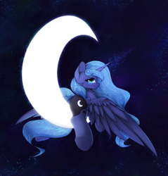 Size: 4184x4368 | Tagged: safe, artist:hitbass, character:princess luna, species:alicorn, species:pony, crescent moon, cute, female, looking at you, looking back, looking back at you, lunabetes, mare, moon, moonbutt, night, profile, sky, smiling, solo, tangible heavenly object, transparent moon