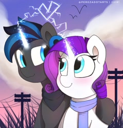 Size: 974x1020 | Tagged: safe, artist:perezadotarts, character:rarity, oc, species:bird, species:pony, species:unicorn, bandana, blue eyes, blushing, canon x oc, clothing, cloud, eyelashes, female, grass, hoof on shoulder, lightning, looking at each other, magic, male, mare, particles, scarf, shipping, smiling, stallion, sunset, telephone pole, text, wires