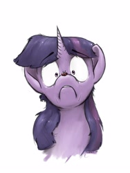 Size: 3000x4000 | Tagged: safe, artist:th3ipodm0n, character:twilight sparkle, species:pony, bust, coccinellidaephobia, female, frown, insect, insect on nose, ladybug, mare, portrait, scared, shrunken pupils, simple background, solo, twilight hates ladybugs, white background