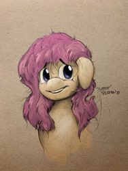 Size: 1920x2560 | Tagged: safe, artist:th3ipodm0n, character:fluttershy, species:pegasus, species:pony, bust, female, floppy ears, folded wings, looking at you, mare, open mouth, portrait, smiling, solo, stray strand, three quarter view, traditional art, wings
