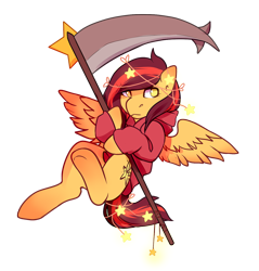Size: 1258x1315 | Tagged: safe, artist:pomrawr, oc, oc only, oc:stars, species:pegasus, species:pony, clothing, ethereal mane, galaxy mane, hoodie, pegasus oc, scythe, simple background, solo, spread wings, transparent background, underhoof, wings