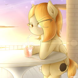 Size: 1900x1900 | Tagged: safe, artist:phoenixrk49, oc, oc only, species:pegasus, species:pony, cup, drink, eye clipping through hair, female, lens flare, mare, sitting, solo, straw, table