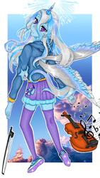 Size: 1189x2106 | Tagged: safe, artist:starwantrix, character:trixie, species:alicorn, species:pony, fanfic:it takes a while, my little pony:equestria girls, clothing, horn, horned humanization, musical instrument, notes, princess, shoes, signature, sky, sneakers, socks, thigh highs, violin, wings