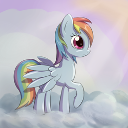 Size: 800x800 | Tagged: safe, artist:fajeh, character:rainbow dash, species:pegasus, species:pony, cloud, crepuscular rays, female, insecure, mare, profile, raised hoof, sky, solo
