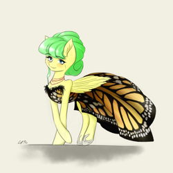 Size: 3000x3000 | Tagged: safe, artist:maneingreen, oc, oc only, oc:plumette, species:pegasus, species:pony, butterfly, clothing, dress, high res, horseshoes, jewelry, monarch butterfly, necklace, simple background, solo, white background