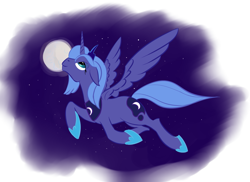 Size: 1445x1051 | Tagged: safe, artist:rubrony, character:princess luna, species:alicorn, species:pony, female, floppy ears, flying, lidded eyes, mare, moon, night, s1 luna, smiling, solo
