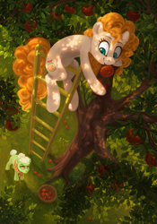 Size: 2067x2953 | Tagged: safe, artist:amishy, character:granny smith, character:pear butter, species:earth pony, species:pony, apple, apple tree, cute, dappled sunlight, digital art, displeased, duo, duo female, fanfic art, female, food, glare, granny smith is not amused, hair bun, ladder, looking at each other, looking down, looking up, mare, mother and daughter-in-law, mouth hold, pearabetes, smiling, tree, unamused, young granny smith, younger
