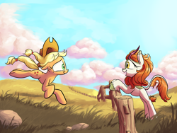 Size: 2400x1800 | Tagged: safe, artist:rocket-lawnchair, character:applejack, character:autumn blaze, species:earth pony, species:kirin, species:pony, applejack's hat, awwtumn blaze, clothing, cloud, cowboy hat, crying, cute, duo, duo female, female, fence, field, hat, jackabetes, mare, quadrupedal, running, scenery, smiling, tears of joy