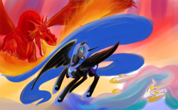 Size: 1340x832 | Tagged: safe, artist:rubrony, character:nightmare moon, character:princess celestia, character:princess luna, species:alicorn, species:dragon, species:pony, armor, ethereal mane, female, fight, fire, fire breath, hoof shoes, mare, on side, princess, protecting, sisters