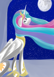 Size: 724x1024 | Tagged: safe, artist:rubrony, character:princess celestia, species:alicorn, species:pony, female, floppy ears, looking up, mare, mare in the moon, moon, night, peytral, princess, sad, sitting, solo, stars