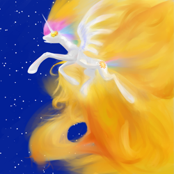 Size: 1125x1125 | Tagged: safe, artist:rubrony, character:princess celestia, species:alicorn, species:pony, birth, catasterism, female, fire, glowing eyes, mare, princess, solo, space, stars, sun