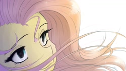 Size: 1192x670 | Tagged: safe, artist:maneingreen, character:fluttershy, species:pony, backlighting, bust, cheek fluff, cute, female, looking away, mare, portrait, shyabetes, smiling, solo, sparkles, stray strand, three quarter view, windswept mane