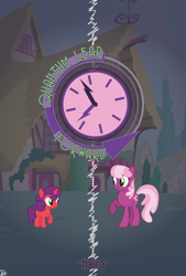 Size: 8100x12000 | Tagged: safe, artist:cosmiceclipsed, derpibooru original, character:cheerilee, oc, oc:candy apple, species:earth pony, species:pony, species:unicorn, fanfic:quantum leap forward, arrow, clock, fanfic, fanfic art, looking at each other, ponyville, poster, raised hoof