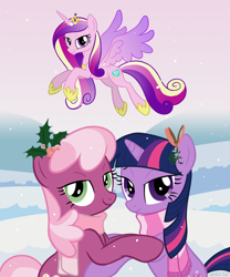 Size: 900x1080 | Tagged: safe, artist:empty-10, character:cheerilee, character:princess cadance, character:twilight sparkle, ship:cheerilight, bedroom eyes, clothing, female, holly, lesbian, mistletoe, scarf, shipping, snow, snowfall, winter