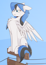 Size: 2538x3589 | Tagged: safe, artist:renderpoint, oc, oc only, oc:kezzie, species:pegasus, species:pony, behaving like a bird, chest fluff, female, mare, perching, power line, solo, telephone pole
