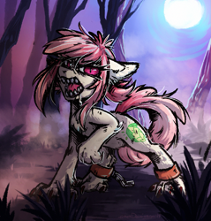 Size: 1339x1399 | Tagged: safe, alternate version, artist:lonerdemiurge_nail, oc, oc only, oc:hopple scotch, species:earth pony, species:pony, angry, chains, cuffs, drool, female, feral, fog, forest, full moon, hengstwolf, looking at you, mare, moon, night, raised leg, solo, species swap, werewolf, ych result
