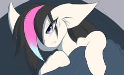 Size: 1471x896 | Tagged: safe, artist:k_clematis, oc, oc only, species:earth pony, species:pony, bed, blanket, earth pony oc, female, hair over one eye, mare, on back, solo