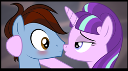 Size: 1245x690 | Tagged: safe, artist:culu-bluebeaver, character:starlight glimmer, oc, oc:bluehooves, species:earth pony, species:pony, species:unicorn, comic:the newcomer, arm behind head, blushing, canon x oc, explicit series, female, glimmooves, holding head, hoof on head, imminent kissing, kissing, male, open mouth, s5 starlight, stallion