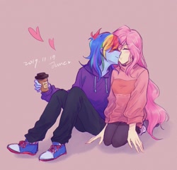 Size: 1283x1235 | Tagged: safe, artist:laochi777, character:fluttershy, character:rainbow dash, ship:flutterdash, my little pony:equestria girls, coffee, converse, female, heart, kissing, lesbian, shipping, shoes
