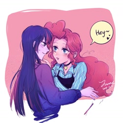 Size: 1680x1680 | Tagged: safe, artist:laochi777, character:pinkie pie, character:twilight sparkle, ship:twinkie, my little pony:equestria girls, blushing, choker, dialogue, female, heart, lesbian, looking at each other, shipping, signature