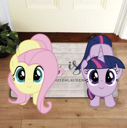 Size: 634x636 | Tagged: safe, artist:owlisun, edit, editor:undeadponysoldier, character:fluttershy, character:twilight sparkle, character:twilight sparkle (alicorn), species:alicorn, species:pony, cute, doormat, duo, female, irl, looking at you, looking up, looking up at you, mare, photo, ponies in real life, shyabetes, twiabetes