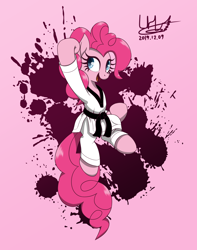 Size: 1600x2027 | Tagged: safe, artist:livehotsun, character:pinkie pie, species:earth pony, species:pony, action pose, black belt, clothing, female, gi, jumping, mare, martial arts, robe, signature, solo, taekwondo, trousers