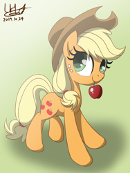 Size: 1600x2133 | Tagged: safe, artist:livehotsun, character:applejack, species:earth pony, species:pony, apple, clothing, cowboy hat, cute, female, food, freckles, gradient background, hat, jackabetes, mare, mouth hold, obligatory apple, signature, solo