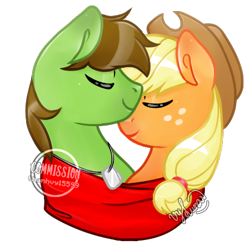 Size: 450x450 | Tagged: safe, artist:thanhvy15599, character:applejack, oc, oc:delta hooves, species:earth pony, species:pony, canon x oc, clothing, commission, couple, dog tags, hat, shipping, ych result