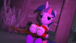 Size: 1192x670 | Tagged: safe, alternate version, artist:marianokun, character:twilight sparkle, character:twilight sparkle (alicorn), species:alicorn, species:pony, 3d, australium, christmas, festive, gun, holiday, pony only, purple, purple lightning, rifle, sniper rifle, snow, source filmmaker, team fortress 2, tired, weapon